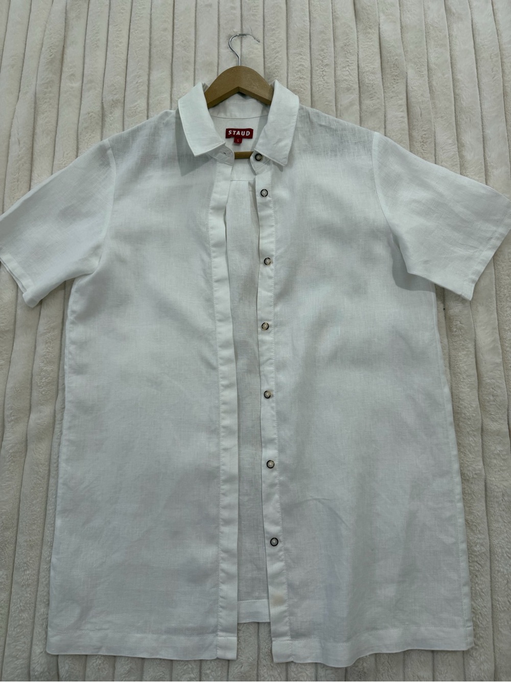 STAUD White Short Sleeve Linen Button-Front Shirt